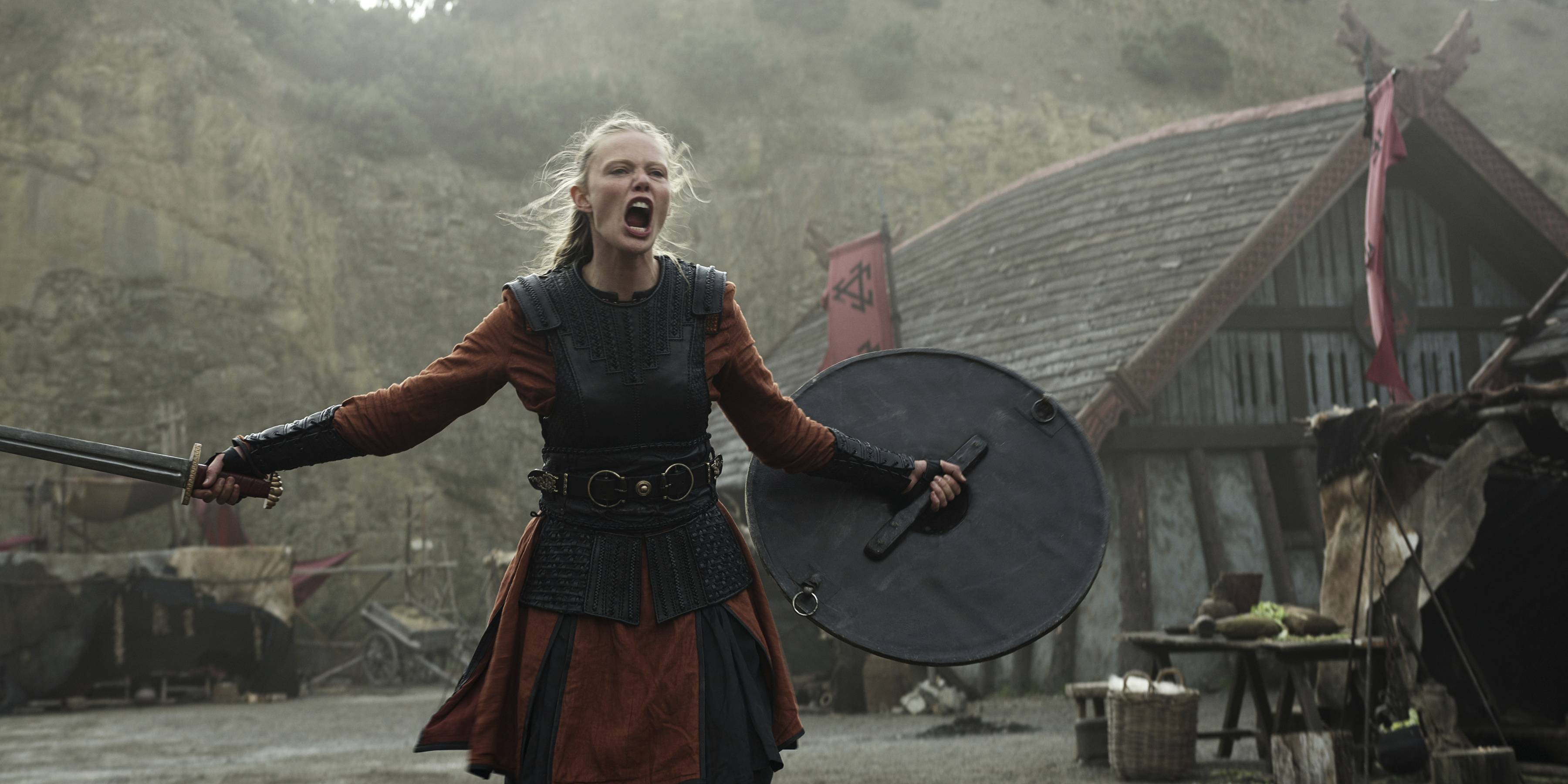 viking woman screams with sword